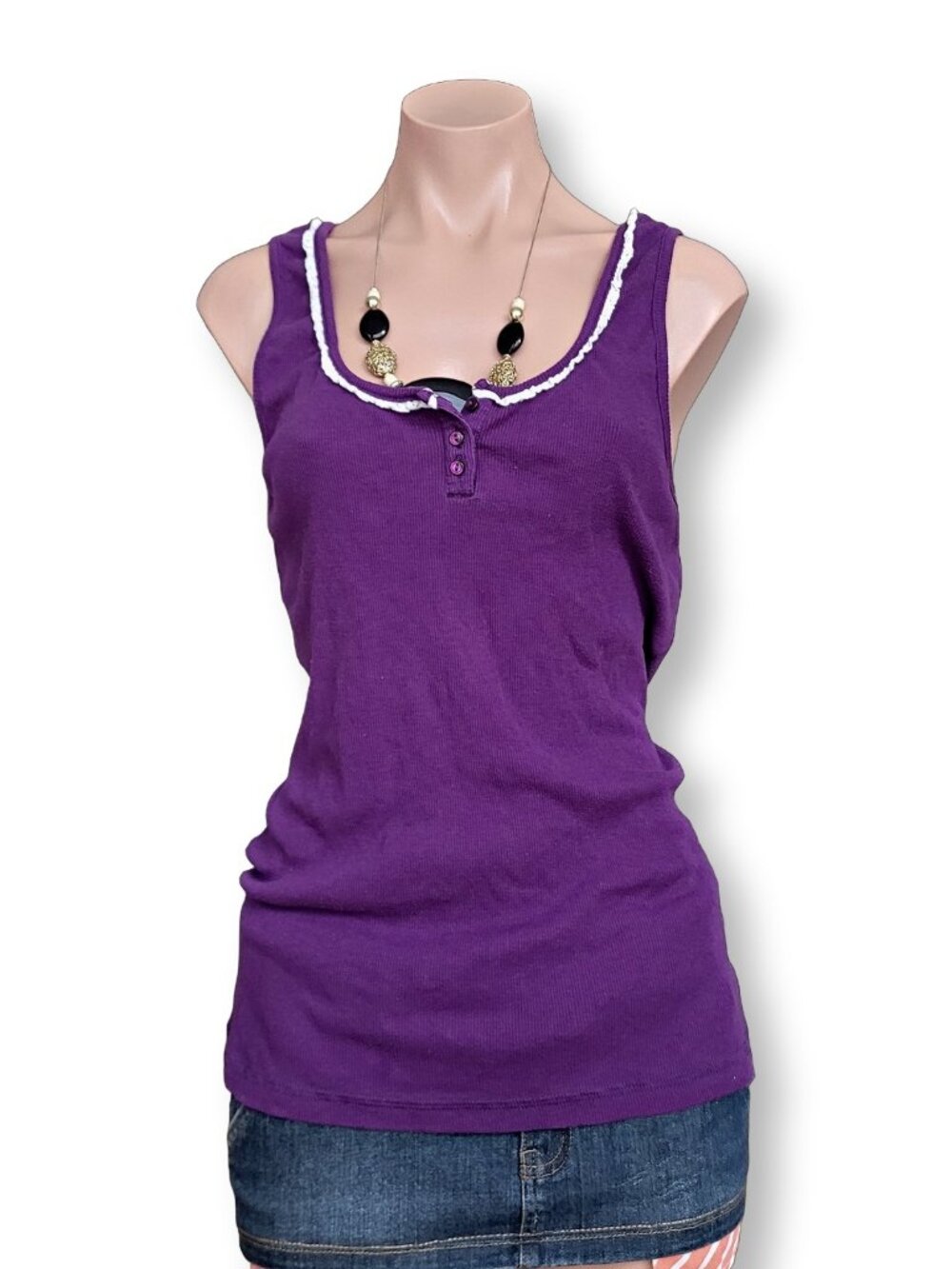 Sentiments Purple Ribbed Lace Trim Henley Neck Tank Top Camisole (XL)